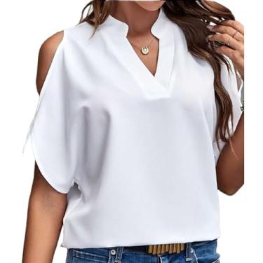 Imagem de ZZIDOU Camisa feminina de chiffon solta com ombros de fora, gola V, casual, solta, cor sólida, Branco, G