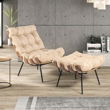 Imagem de Kit Poltrona Decorativa em Costela e Puff Couro Bege