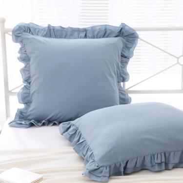 Imagem de YOKKITA Pacote com 2 capas de travesseiro Euro com babado azul poeira 66 x 66 cm, 100% algodão francês country rústico vintage gasto e chique fronhas decorativas para cama (azul poeira, 66 x 66 cm)