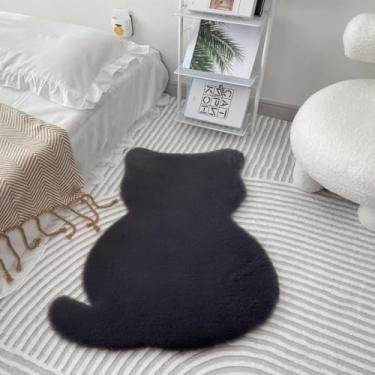 Imagem de CDHZYQ Tapetes de banheiro fofos em forma de gato preto e branco tapetes laváveis de animais de desenho animado pequenos tapetes de banheiro (preto, 60 x 80 cm)
