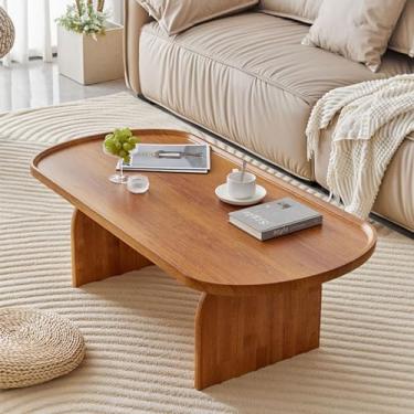 Imagem de Mesa de centro oval, mesas de centro modernas de meados do século, mesa central de coquetel de grão de madeira com pernas de mesa de madeira maciça, para sala de estar e quarto