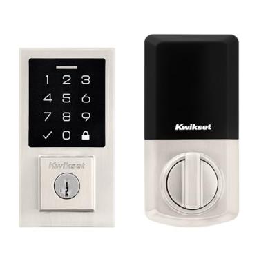 Imagem de Kwikset SmartCode 270 Fechadura de porta eletrônica touchpad de entrada sem chave com trava automática, códigos de usuário personalizados, segurança avançada em níquel acetinado contemporâneo