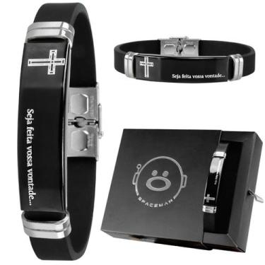 Imagem de pulseira masculina inox pai nosso placa aço caixa qualidade premium si