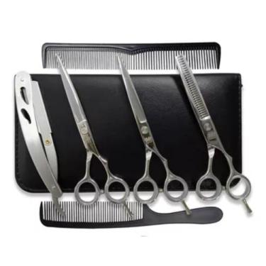 Imagem de Kit 3 Tesoura Prata Fio Laser Fio Navalha Desfiadeira + Navalha + Esto