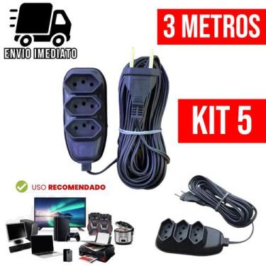 Imagem de Kit 5 Extensão Elétrica 3 Metros Bivolt com 3 Tomadas 110v 220v Tripol