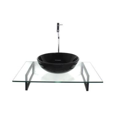 Imagem de Kit cuba de vidro redonda preta com tampo 60cm incolor e suporte torne