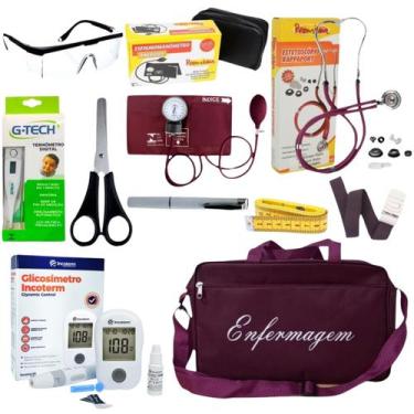 Imagem de Kit de enfermagem vinho premium com estetoscópio e esfigmomanômetro co