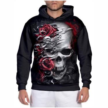 Imagem de Blusa Moletom Masculino Estampa 3D Rosas Skull Caveira Casaco de Frio 