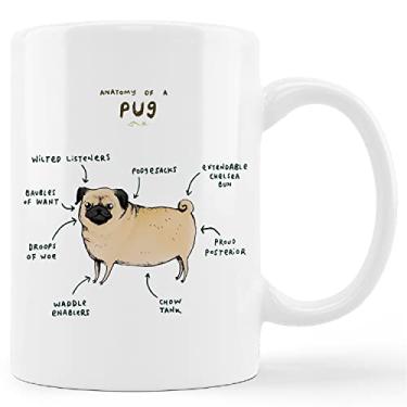 Imagem de kunlisa Caneca Pug engraçada, caneca de cerâmica anatomia de um pug - 325 ml caneca de chá de leite de café, presentes para amantes de cães pug mãe cachorro mãe mulheres homens meninas adolescentes,