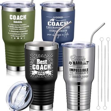 Imagem de Uiifan 4 conjuntos de canecas Coach Thank You Gifts Best Coach Ever Tumbler Coach com tampas de aço inoxidável 850 g Presente de agradecimento para homens e mulheres (preto, prata, verde militar, azul