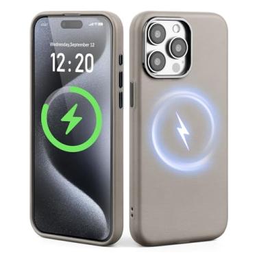 Imagem de SkyEagle Capa de telefone para iPhone 15 Pro Max, compatível com Magsafe e carregamento sem fio, bisel de câmera de metal, fina, antiderrapante, luxuosa, capa protetora de couro PU adequada para Apple