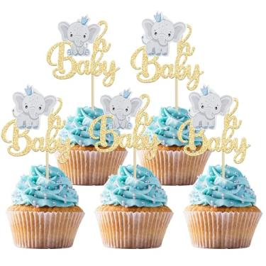 Imagem de Gyufise 24 peças de enfeite de cupcake elefante azul Oh Baby com glitter dourado It's a Boy palitos de cupcake para revelação de gênero decorações de bolo para tema elefante chá de bebê crianças meninos festa de aniversário decorações de bolo