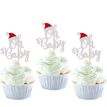 Imagem de 24 Pack Christmas Oh Baby Cupcake Toppers with Christmas Hat Glitter Baby Shower Cupcake Food Picks for Baby Shower Boys Girls Kids Birthday Party Cake Decorations Supplies