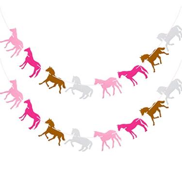 Imagem de 2 faixas de guirlanda de cavalo para meninas, faixa de cavalo rosa para festa de aniversário, faixa de feltro de cavalo para festa de cavalo, suprimentos para festa de meninas, cavalos, corridas, aniversário, decoração de festa de casamento