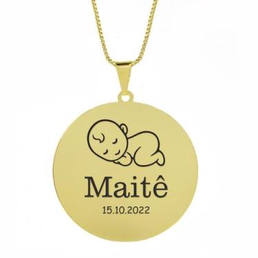 Imagem de Gargantilha Pingente Redondo Personalizado Nome Maitê Banhado Ouro 18K