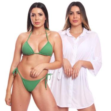 Imagem de Kit Saída de Praia Chemise Camisão Feminino + Biquini Cortininha de Am