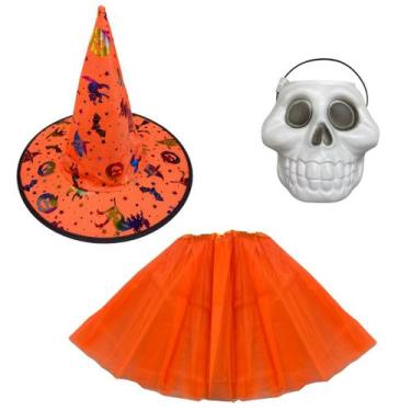 Imagem de Fantasia bruxa chapéu estampado e saia de tule colorida + balde caveir