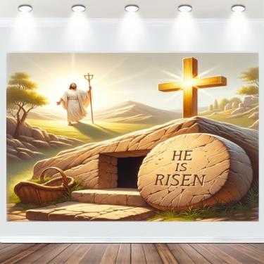 Imagem de Tecido 2,1 x 1,5 m He is Risen cenário fotográfico Jesus Cristo tumba vazia ouro cruz santa fundo ressurreição crucifixo feliz Páscoa decoração banner recém-nascido batismo retrato foto adereços