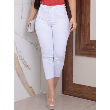 Imagem de Calça Capri curta branca feminina jeans com lycra elastano cintura alt