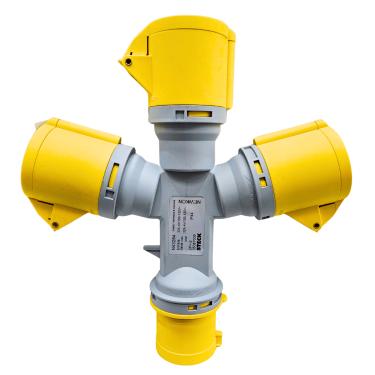 Imagem de Tomada Industrial Múltipla 32A 2P+T 100/130V 1 Entrada 3 Saídas IP44 4H Amarelo N43284 – Steck