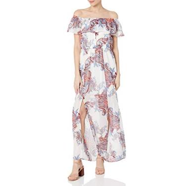 Imagem de My Michelle Vestido maxi feminino estampado com ombro de fora, Marfim/vinho, P