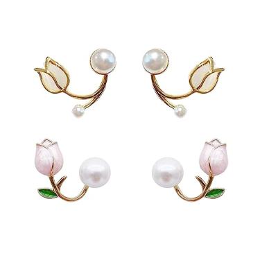 Imagem de 2 pares de brincos de tulipa para mulheres, rosa, pérola, flor, tulipa, frente e verso, joias para meninas, Cobre