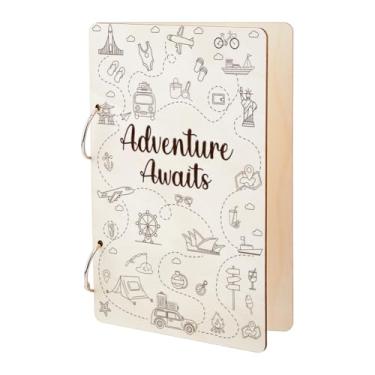 Imagem de SUPERDANT Adventure Awaits Porta-cartões comemorativos Livro de planejamento de diário de viagem, fichário de folhas soltas de madeira, álbum de fotos, 2 argolas, planejador, organizador de