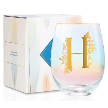 Imagem de Onebttl Presentes de vinho personalizados para mulheres, taça de vinho sem haste fofa com iniciais, presentes de monograma para amantes de vinho em aniversários de Natal, H