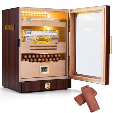 Imagem de Umidificador de design transparente, cedro espanhol, com caixa de charuto portátil de 3 unidades, umidificador, higrômetro, divisória e gaveta de acessórios - comporta (70-100 charutos), presente