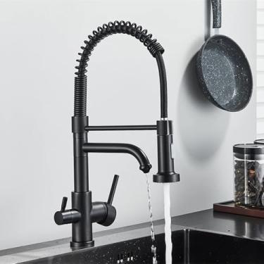 Imagem de Torneiras de cozinha de purificação escovada, torneira com filtro de água com rotação de 360 graus, guindaste com filtro de latão, torneira misturadora quente e fria de dois modos, preto fosco