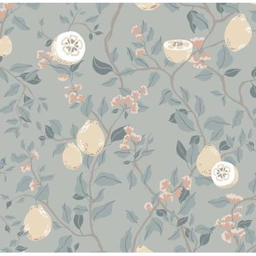 Imagem de KUKANTST Papel de parede cinza e azul floral folha de limão papel de contato descascar e colar para cozinha, quarto, gabinete, inquilino, autoadesivo, removível, impermeável, boêmio, murais de parede