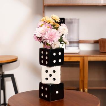 Imagem de MOUGIGI Vaso de dados exclusivo feito à mão – decoração elegante de cerâmica preta e branca para casa, bar | Design geométrico perfeito para flores frescas, secas ou artificiais | Peça central