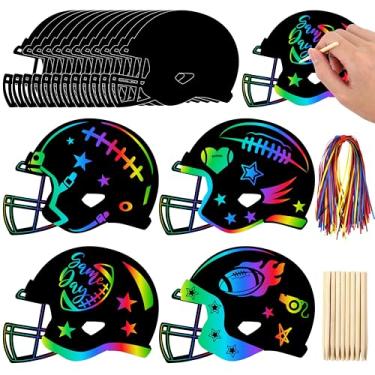 Imagem de Geefuun 68 peças de arte de papel de raspar de futebol para crianças - Kit de cartões de artesanato de capacete faça você mesmo com caneta e fitas de madeira para artigos de lembrancinhas de festa