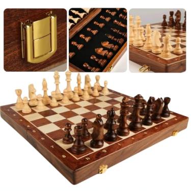 Imagem de Jogo de Xadrez Clássico Profissional Grande Luxo Peças e Tabuleiro em Madeira Acabamento em Verniz 100% Madeira Dobravél 39x39cm