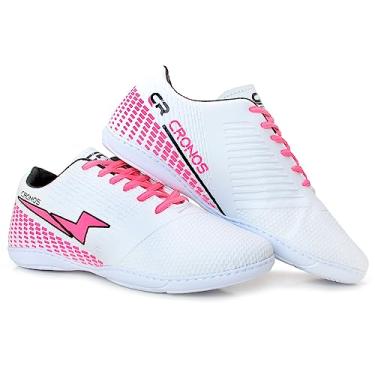 Imagem de Chuteira Cronos Futsal Sola Costurada Futebol de Salão Masculino Feminino (Branco/Rosa, BR, Adulto, Numérico, 42)
