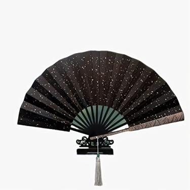 Imagem de PHAVN Ventilador dobrável de tecido de seda clássico estilo chinês, várias cores disponíveis (incluindo pingente de ventilador e caixa de ventilador) (cor: preto, tamanho: 60 * 33 cm)