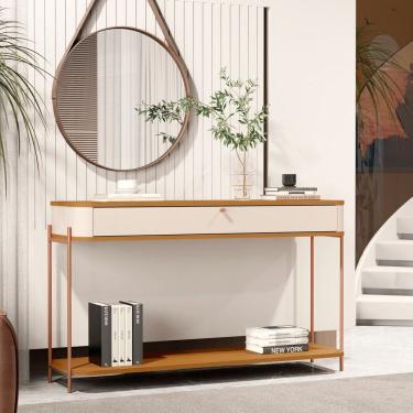 Imagem de Aparador Curvo Tucupí 1 Gaveta, com Pés e Puxador em Metal Off White/Marrom/Bronze