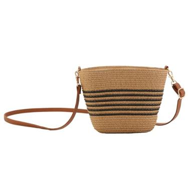Imagem de UIBRN Bolsas transversais de palha para mulheres com listras, bolsa de ombro tecida à mão com alça de couro sintético ajustável, bolsas de praia, Listra marrom-escura e preta