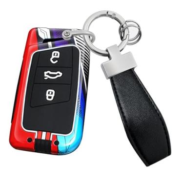 Imagem de HIBEYO Capa de chaveiro de 3 botões compatível com VW Volkswagen Passat Tiguan Skoda CC B8 MK2 B7 Superb A7 Magotan Acessórios Fashion Metal Painted Key Shell com chaveiros de couro - 3 botões