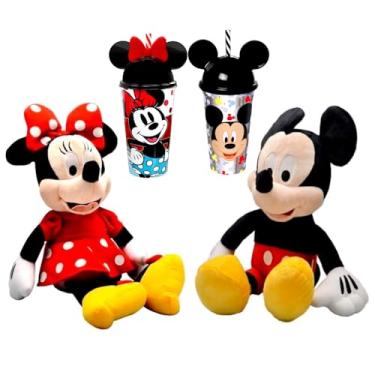 Imagem de Kit Bonecos de Pelúcia Mickey e Minnie 45cm Com Falas em Português + Copos Shake 500ml Tampa de Orelhas