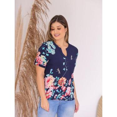 Imagem de Camiseta Feminina Estampada Floral com Botões Viscose Premium  -  Azul