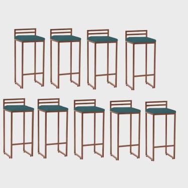 Imagem de Kit 09 Banqueta Alta Com Encosto Petra Balcão Bar Cozinha Bistrô Ferro Bronze Suede Azul Turquesa - Ahz Móveis