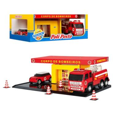 Imagem de Poliposto Brinquedo Infantil com Cenários Realistas | Polícia, Bombeiros, Mecânica e Posto de Combustível | Carrinhos Inclusos | A partir de 3 Anos | Estimula Imaginação e Coordenação (BOMBEIRO)