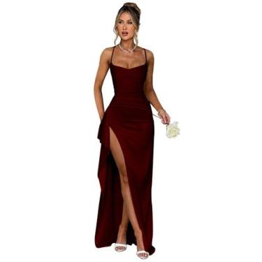 Imagem de Vestido de baile Woyiam Burgundy, cetim, sereia, fenda lateral, tamanh