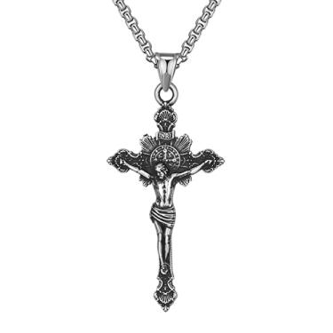 Imagem de Colar de aço inoxidável vintage religião Jesus Cristo São São Bento Crucifixo INRI cruz pingente para homens, corrente de caixa de 61 cm, preto, J2190080