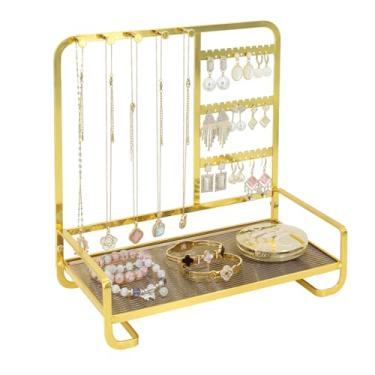 Imagem de KOOAAICCHI Suporte organizador de joias de metal com bandeja de acrílico, suporte de armazenamento de colar, suporte de exibição moderno para anéis, brincos e pulseiras (ouro)