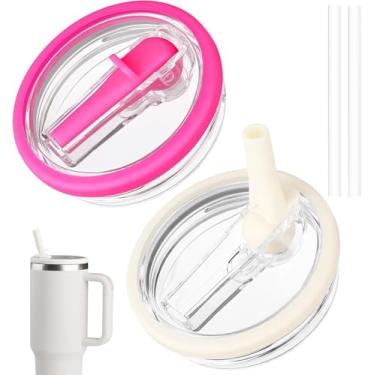 Imagem de Pacote com 2 tampas de substituição com canudo de 1,134 g para Stanley Quencher, tampa de copo à prova de derramamento para copo Stanley (rosa branca)