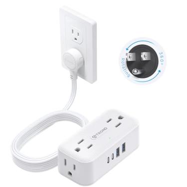 Imagem de TROND Filtro De Linha Com Plugue Plano Giratório 360°, Cabo De Extensão De 3 Metros Com 4 Portas Usb, 4 Tomadas Ca Com Amplo Espaçamento, Montagem Em Parede, Filtro De Linha Com Protetor Contra Sur
