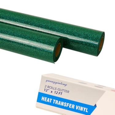 Imagem de guangyintong Rolos de vinil HTV de transferência de calor verde com glitter, 2 rolos de 30,5 cm x 3,7 m, ferro em vinil, para camisetas, glitter verde, vinil HTV para todas as máquinas de cortar