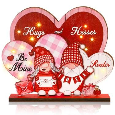 Imagem de Bencailor Valentines Day Decor LED Light up Gnome Heart Sign Wooden Valentine Block table Decor Centerpiece Hugs and Kisses Be Mine Sweeter Sign for Home Mantel Indoor Tabletop Shelf Desk Decoration